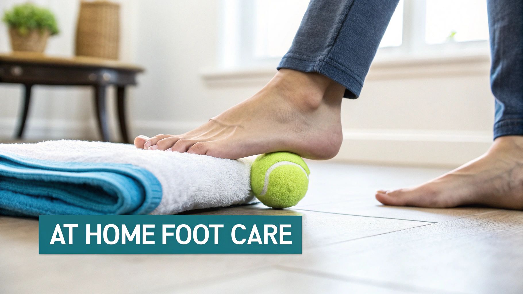 A person's bare foot rolling on a tennis ball for a therapeutic massage at home, next to a folded towel.