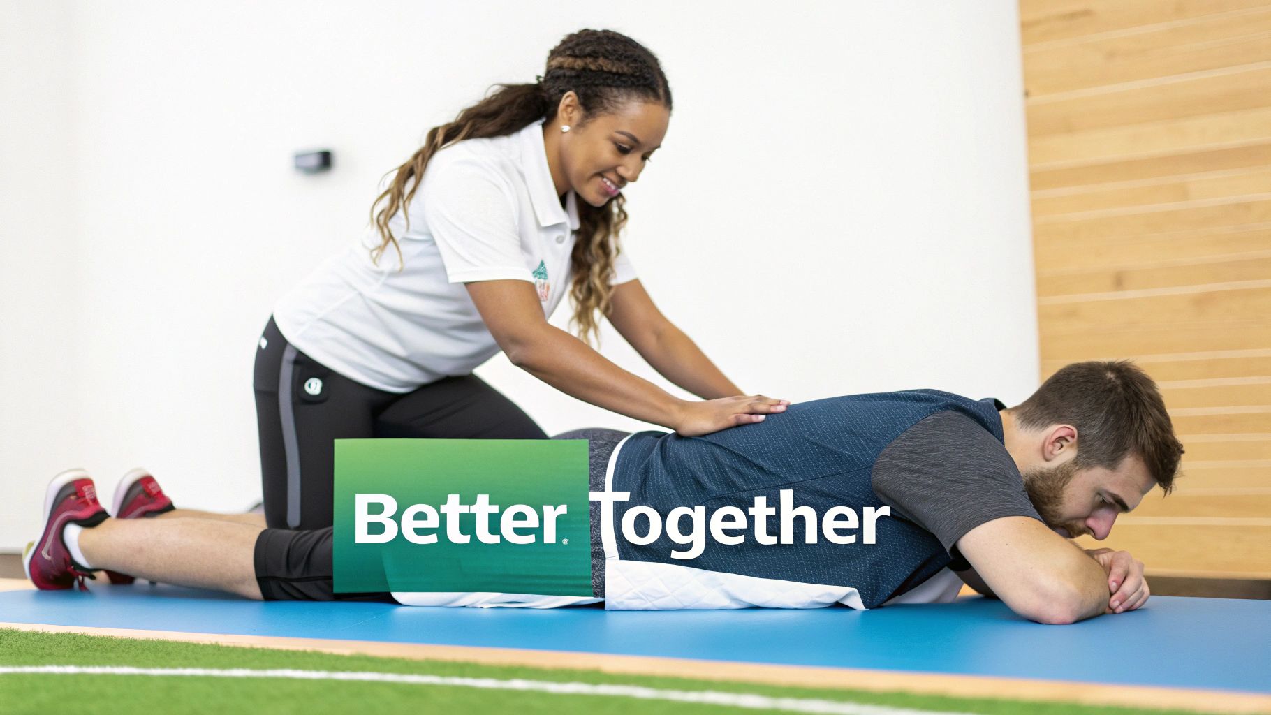 A smiling female physical therapist kneels, treating a male patient&#39;s lower back on a blue mat.