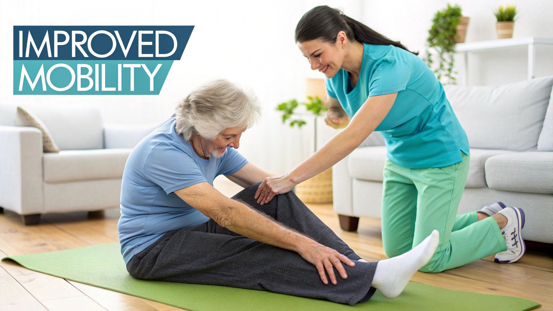 An elderly woman is assisted by a therapist with mobility exercises on a mat at home.