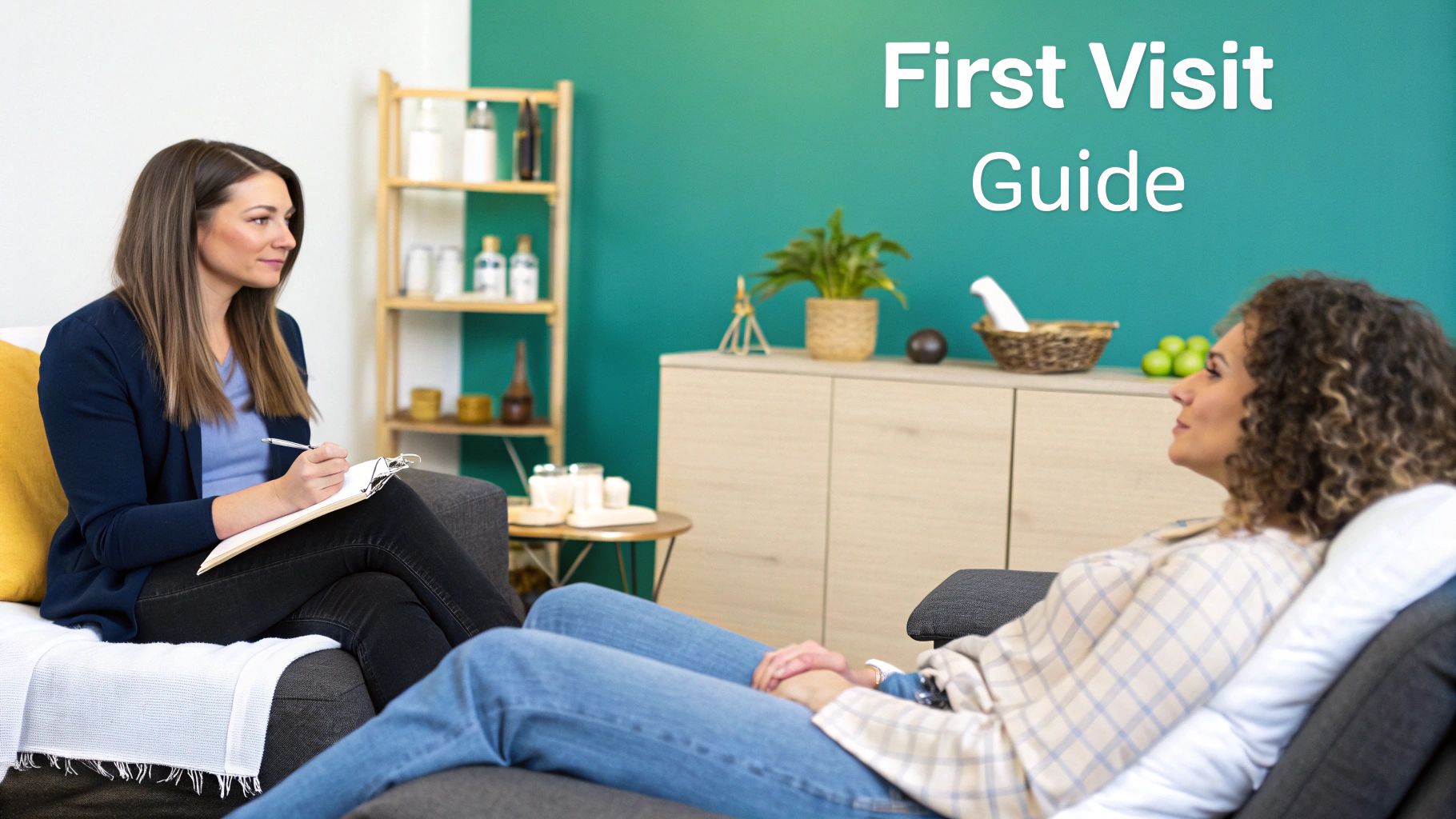 Therapist taking notes while counseling a client in a comfortable, modern office setting.