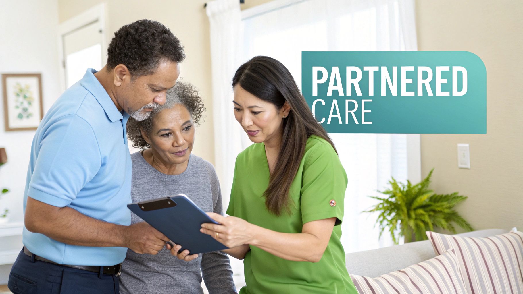An Asian caregiver in green scrubs discusses information on a clipboard with an elderly Black couple at home.