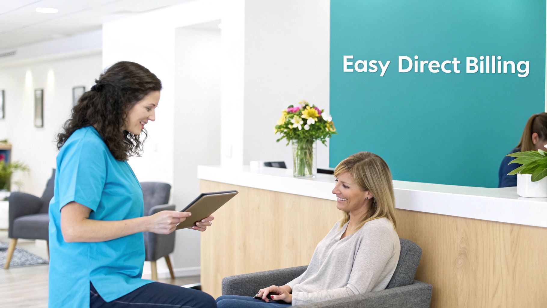 A professional male massage therapist in a polo shirt discusses a treatment plan with a client on a tablet in a clean, therapeutic clinic setting.