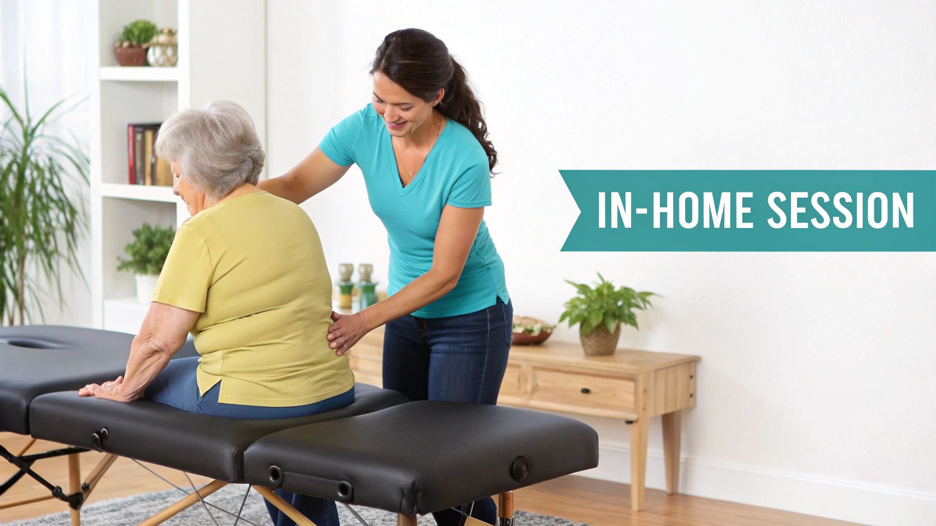 A smiling therapist assists an elderly woman onto a massage table for an in-home session.