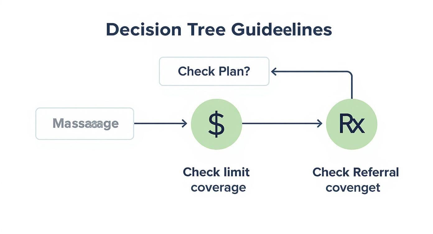 A decision tree flowchart illustrating guidelines for insurance coverage of massage, checking plan, limits, and referrals.