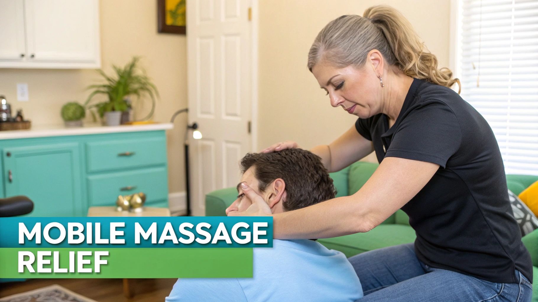 A woman gives a focused neck and head massage to a man in a home setting.