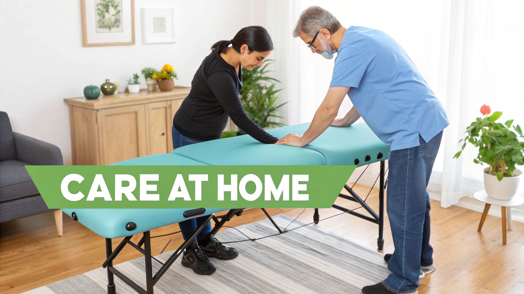 A male therapist and a woman setting up a teal portable massage table in a home.