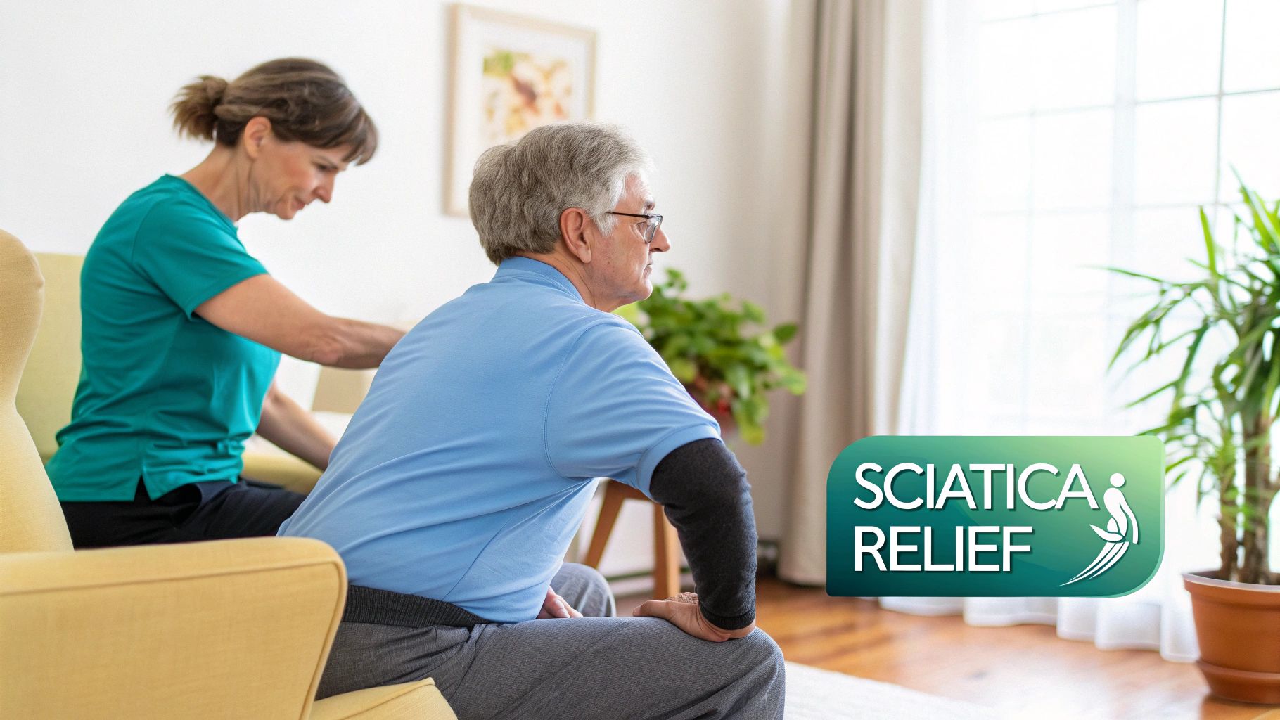 A woman gives an older man a back massage for sciatica relief in a comfortable home environment.