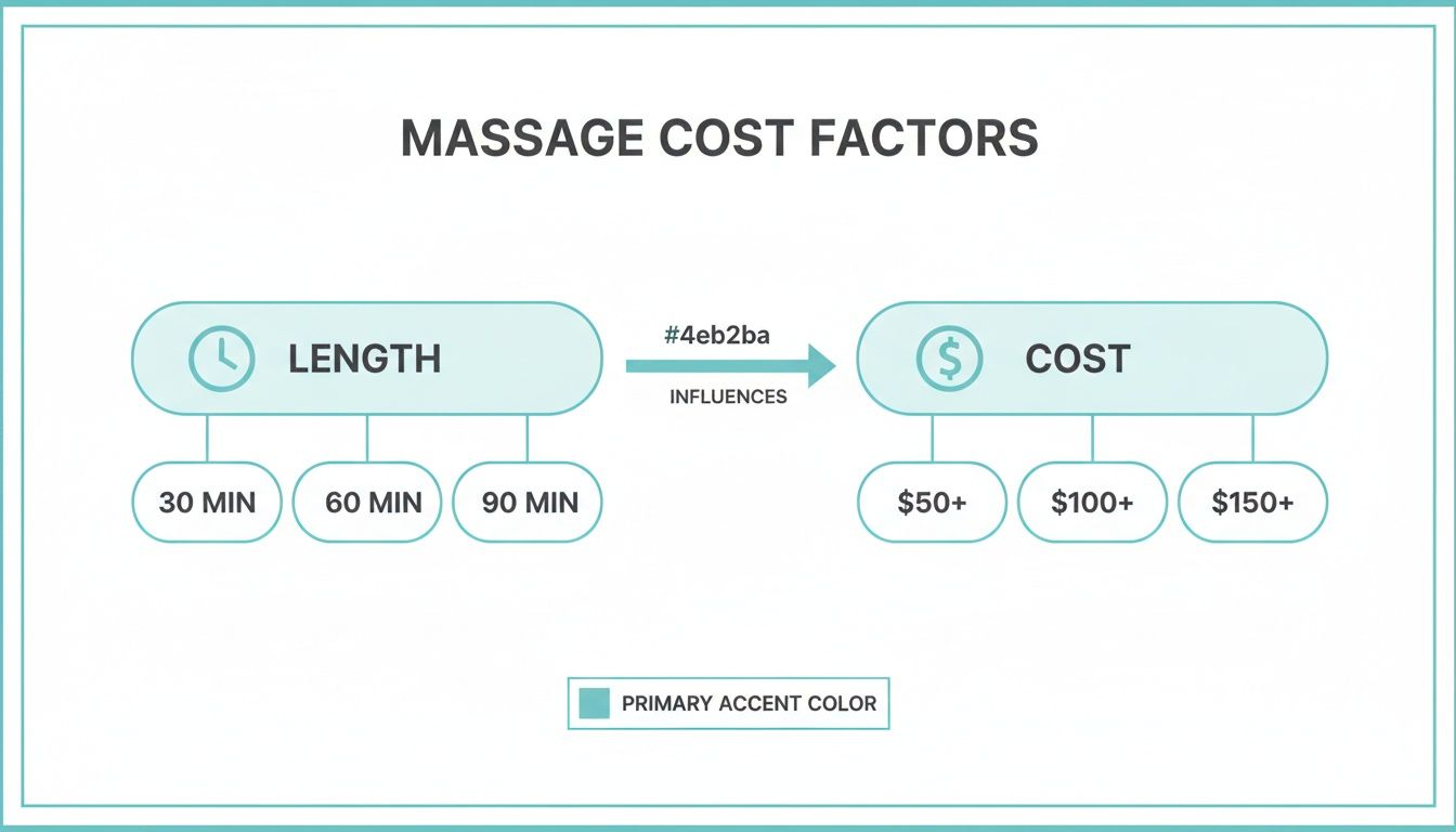 Flowchart showing how massage length, such as 30, 60, or 90 minutes, influences massage cost.