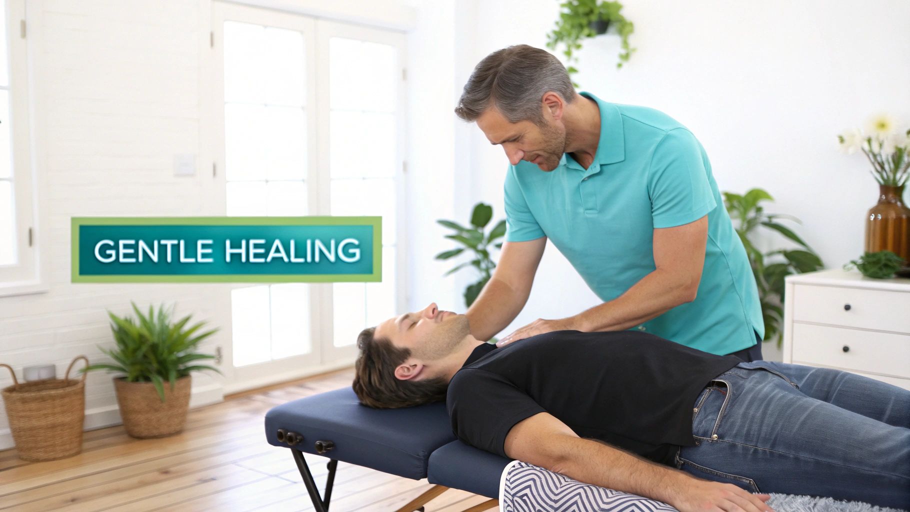 A male therapist performs a gentle healing touch technique on a man lying on a massage table.