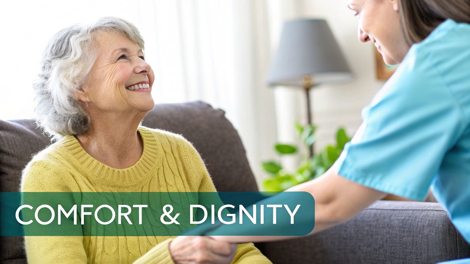 Elderly woman smiling happily, holding hands with a caregiver, symbolizing comfort and dignity.