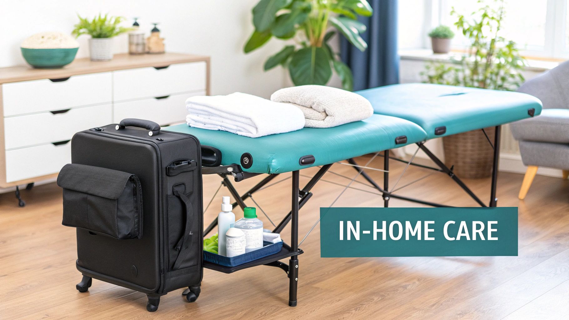 A massage therapist sets up a professional, sanitized massage table in a client&#39;s home, ensuring a clean and welcoming environment.