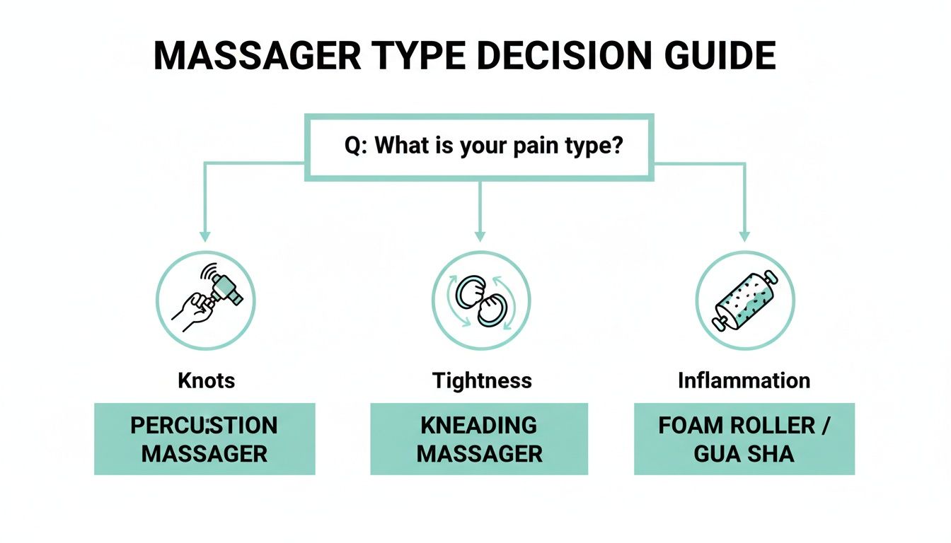 A therapeutic diagram showing how different types of massagers target specific areas for sciatica relief.