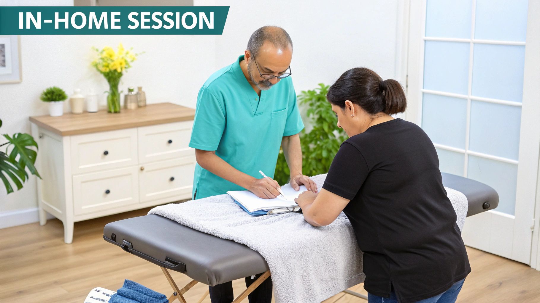 Therapist and client reviewing documents before an in-home massage session, next to a portable table.