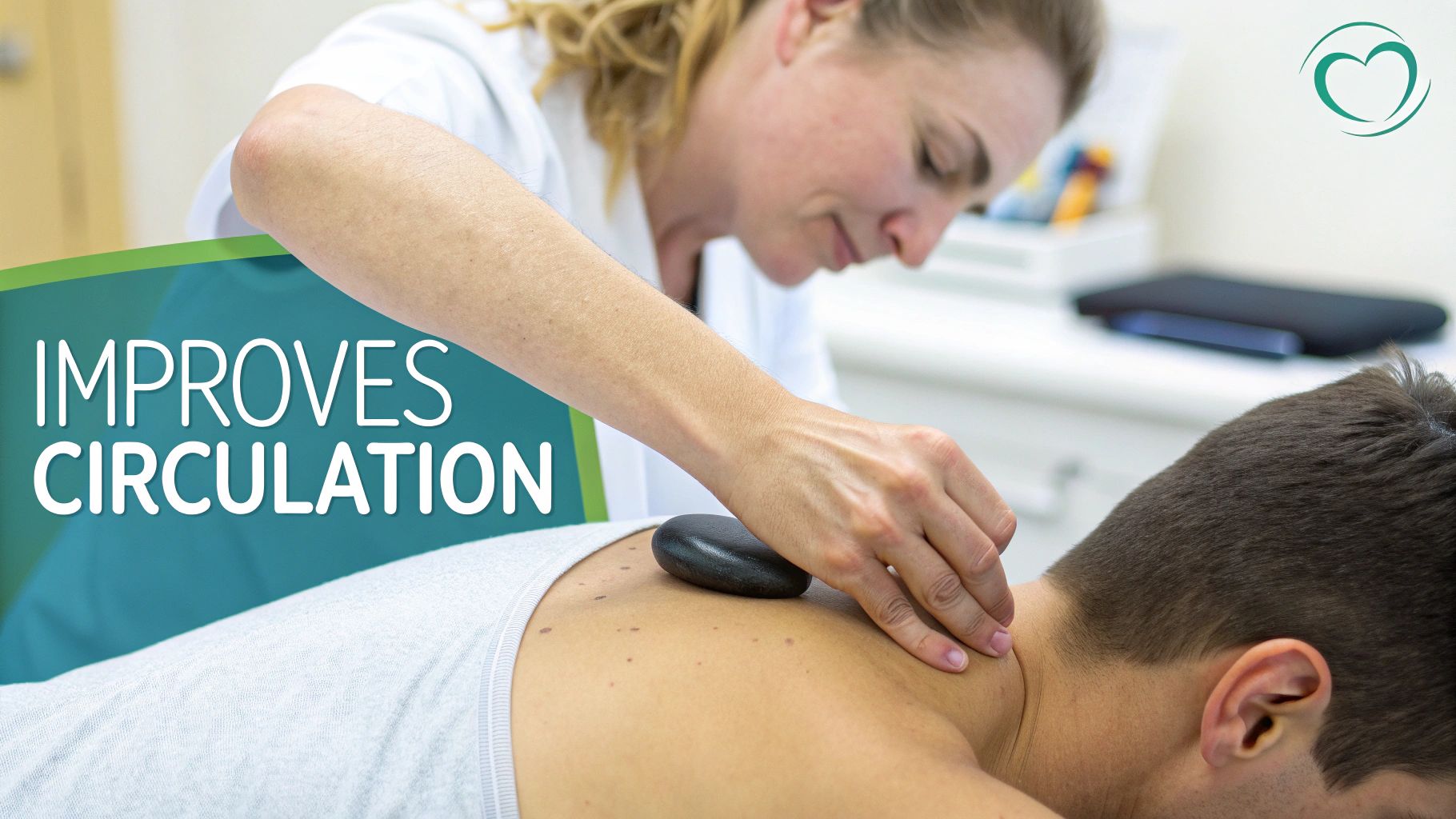 A male therapist in professional attire places hot stones on a client's fully draped upper back during a relaxing massage session in a clinic.