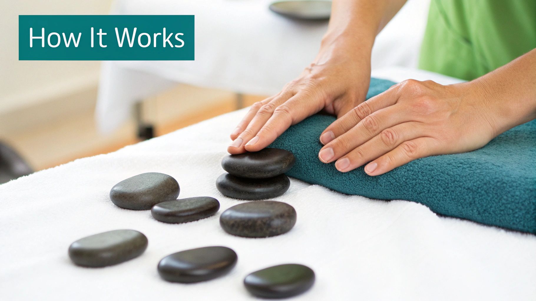 Close-up of hands arranging smooth dark stones on a teal towel for a hot stone massage.