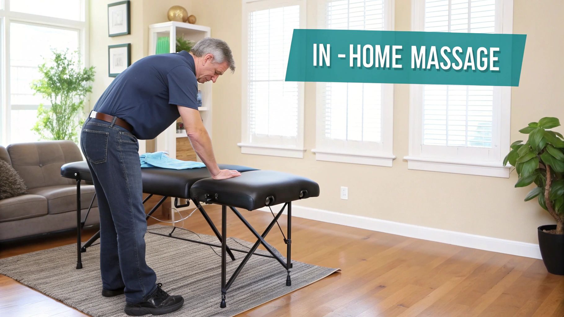A male massage therapist in a blue polo shirt provides a massage to a fully draped client on a portable massage table in a professional home setting. The focus is on the client's back, and the atmosphere is calm and therapeutic.