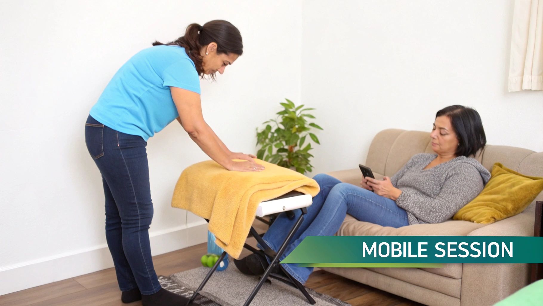 A male massage therapist in a professional polo shirt prepares a draped stool for a therapeutic mobile session while a client relaxes on a couch.