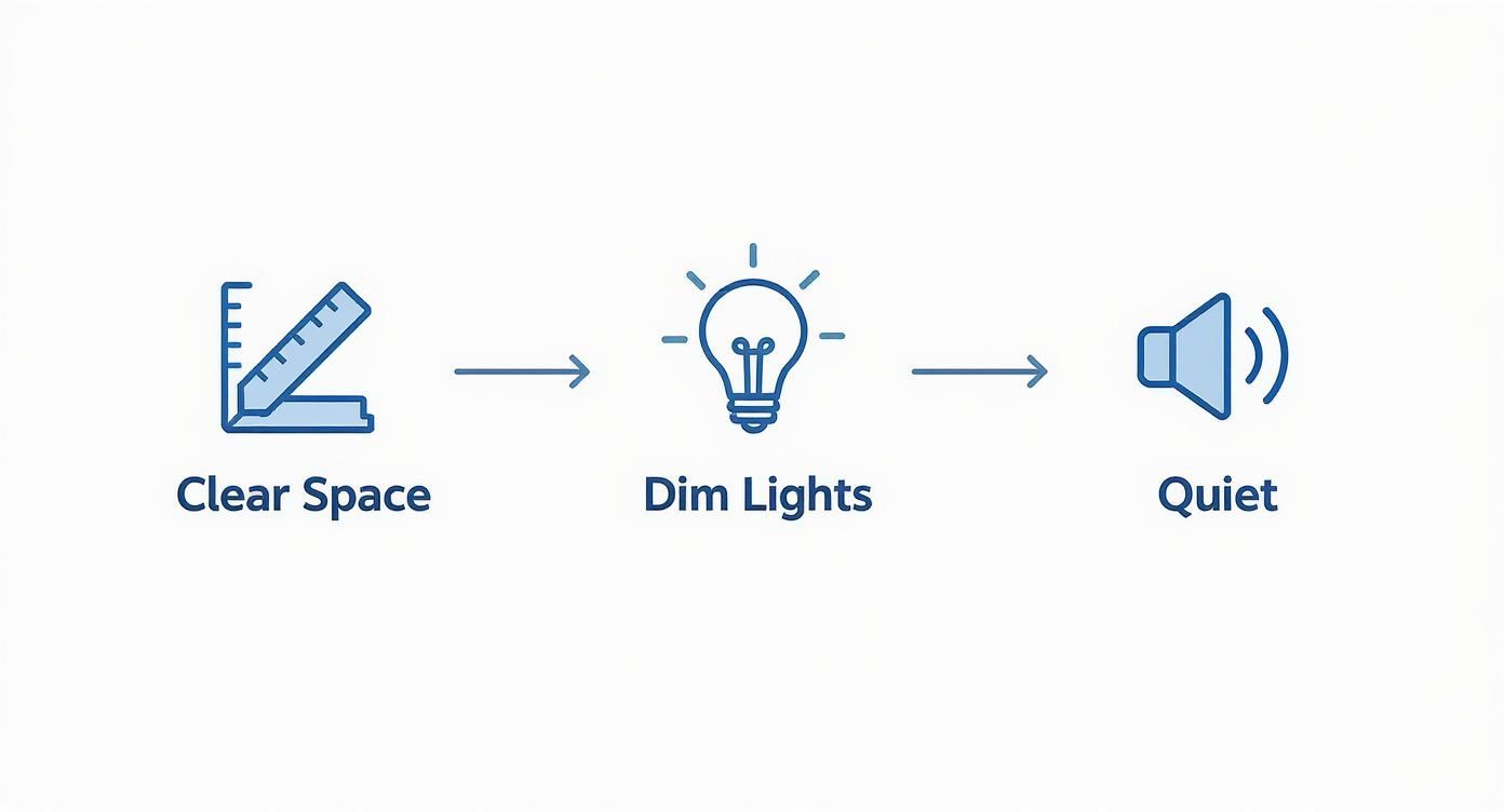 Icons illustrate clearing space, dimming lights, and achieving quiet for a focused environment.