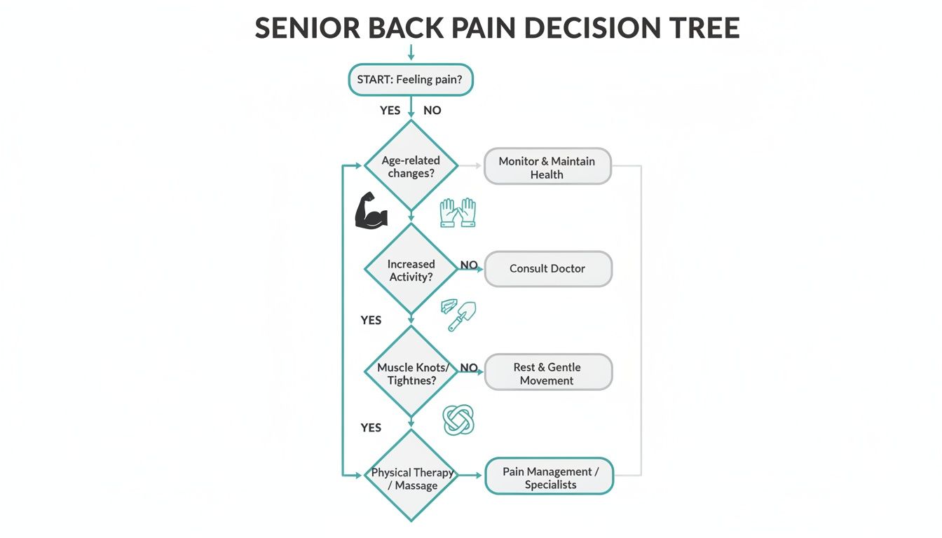 Decision tree flowchart for senior back pain management, guiding from pain onset to various treatment options.