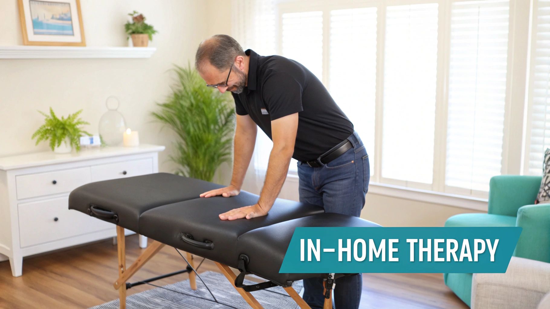 A therapist demonstrates an exercise on a black portable massage table during an in-home therapy session.