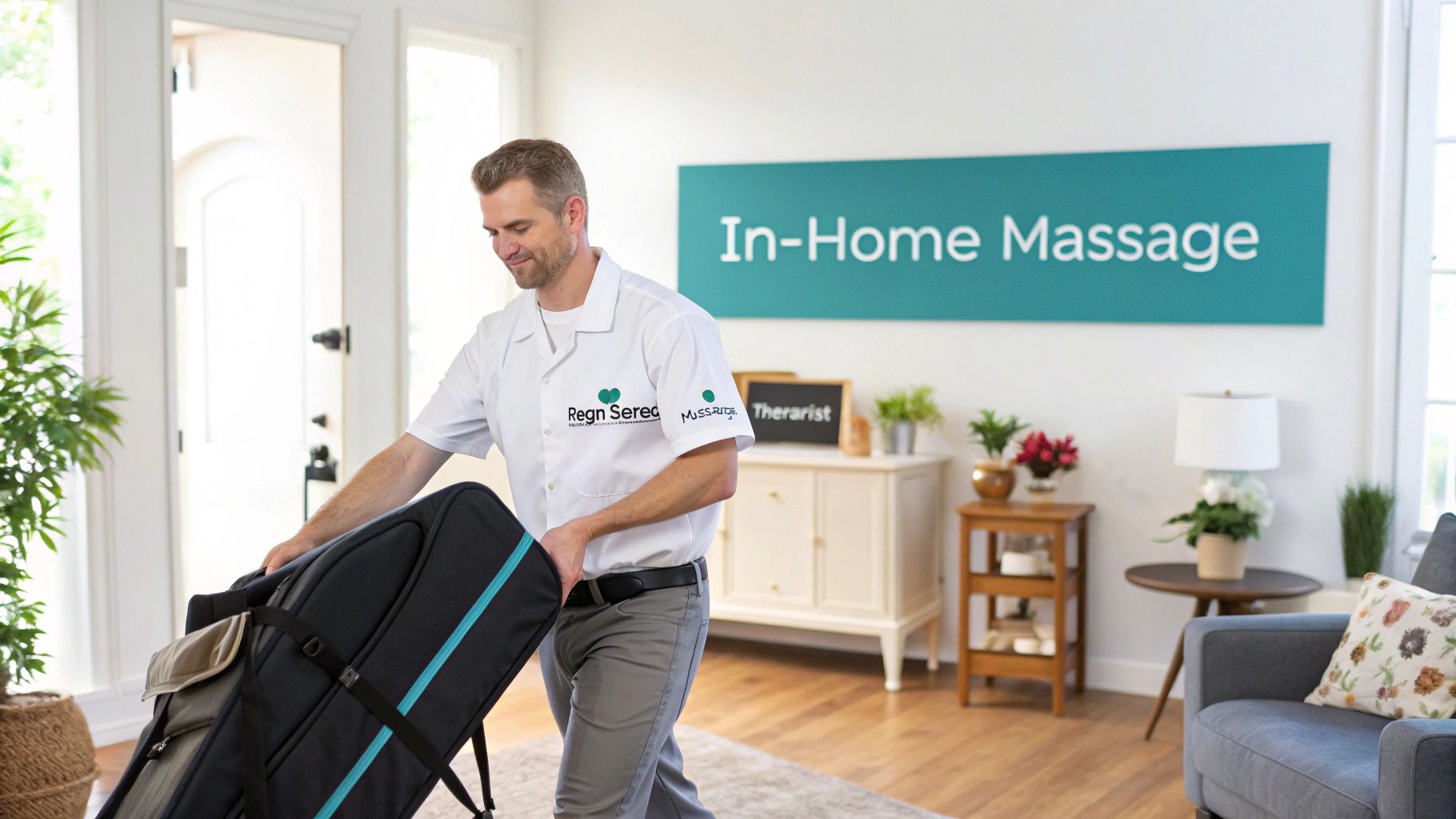 A professional male massage therapist in a polo shirt setting up a massage table in a client's home, creating a serene and therapeutic atmosphere.