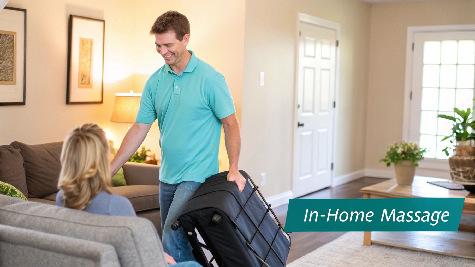 A male massage therapist in professional attire sets up a massage table in a client's living room, creating a calm, therapeutic, and family-friendly atmosphere.