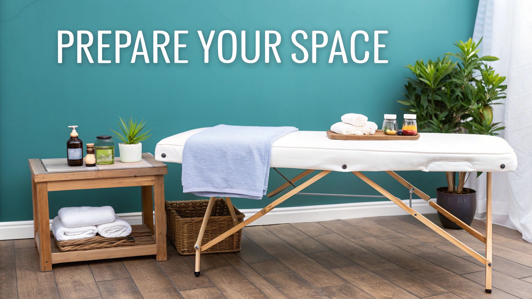 A tranquil home setup for massage therapy, featuring a neatly prepared massage table with a folded towel, surrounded by calming decor and soft lighting.