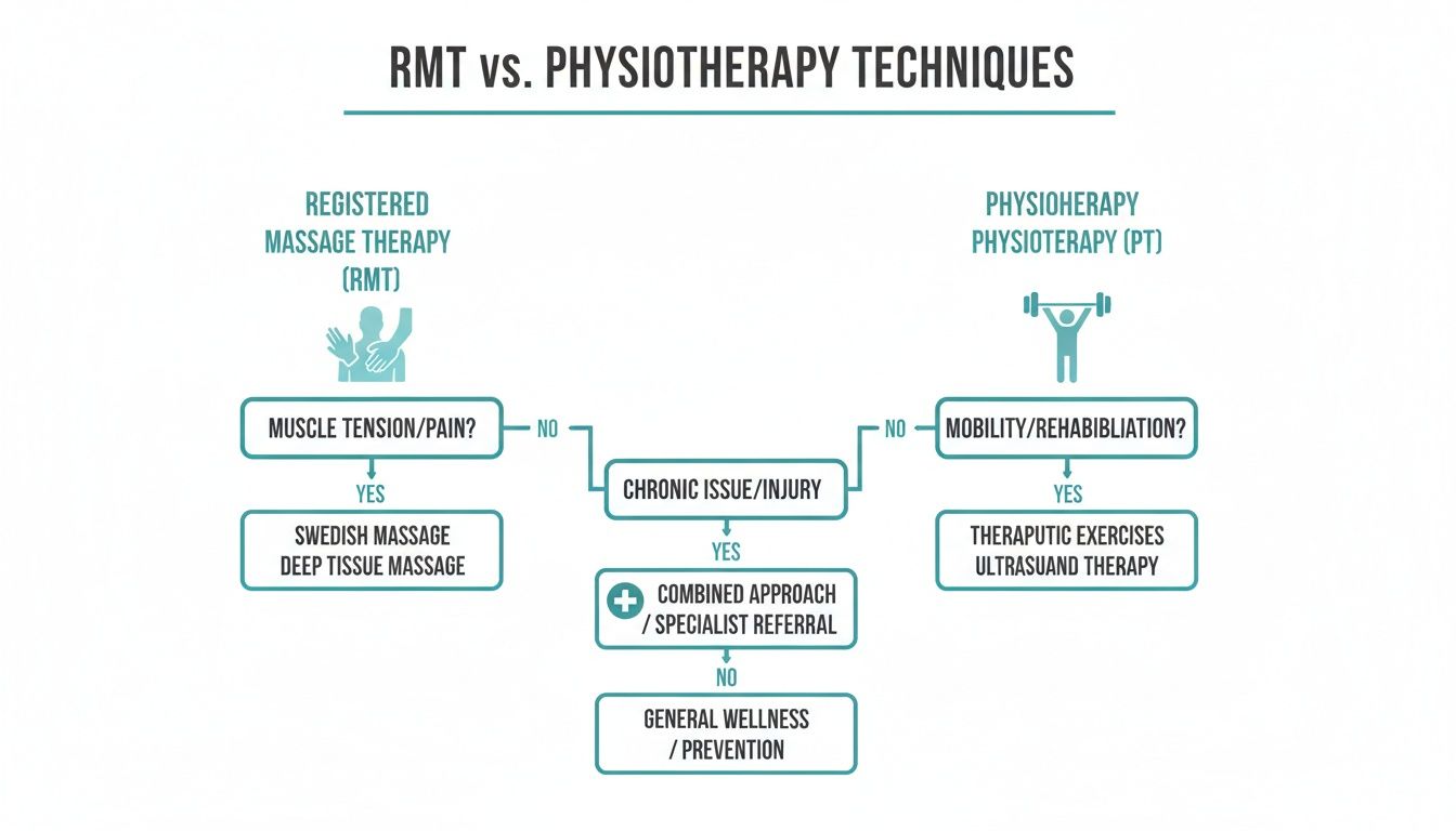 Flowchart detailing the differences between Registered Massage Therapy (RMT) and Physiotherapy (PT) treatment paths.