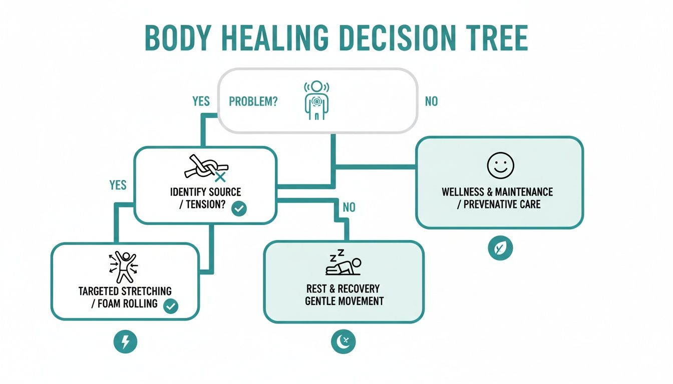 A body healing decision tree flowchart outlining steps from identifying a problem to recovery or wellness.