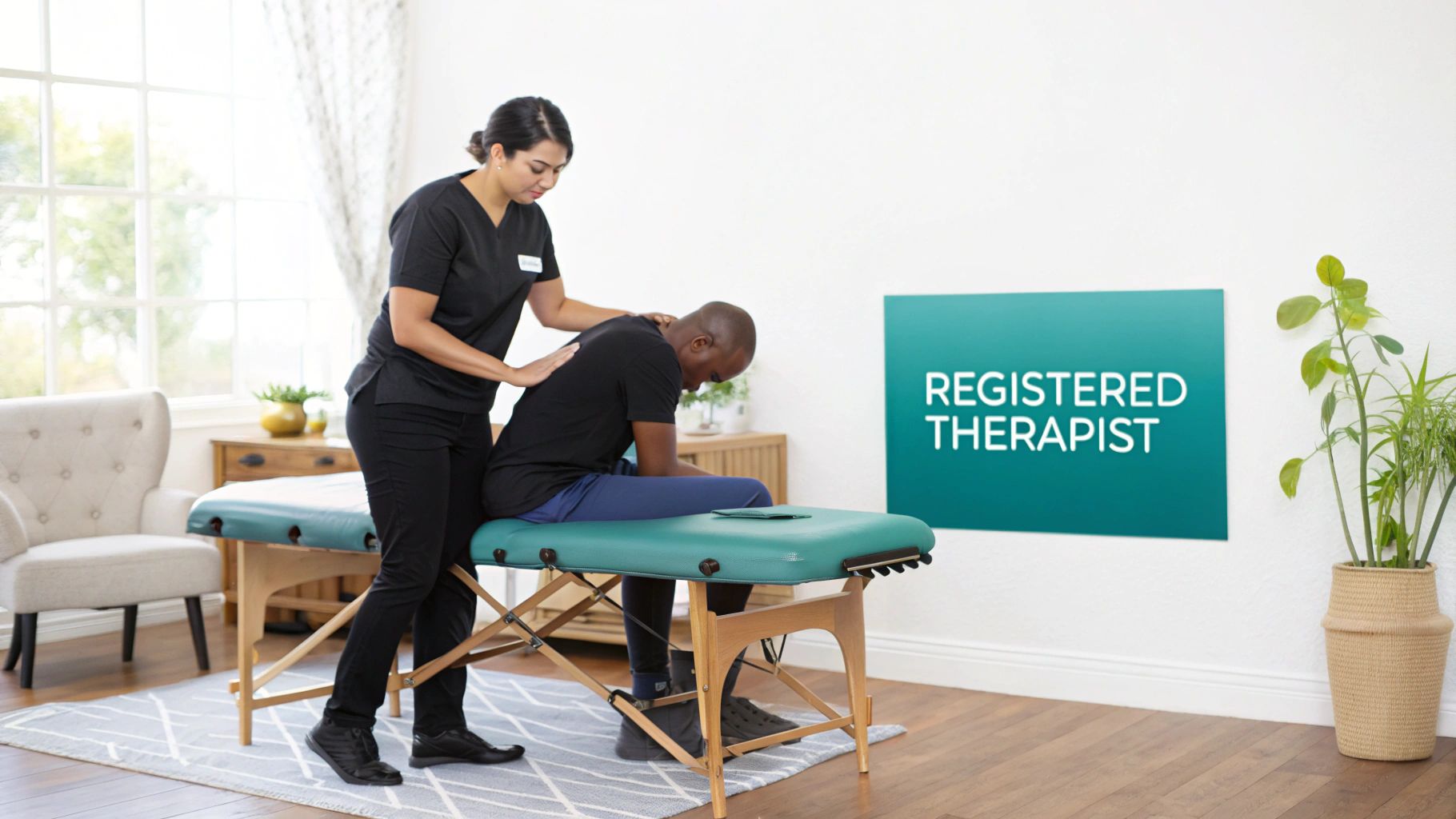 A male massage therapist in a professional polo shirt providing a therapeutic shoulder massage to a fully draped client.