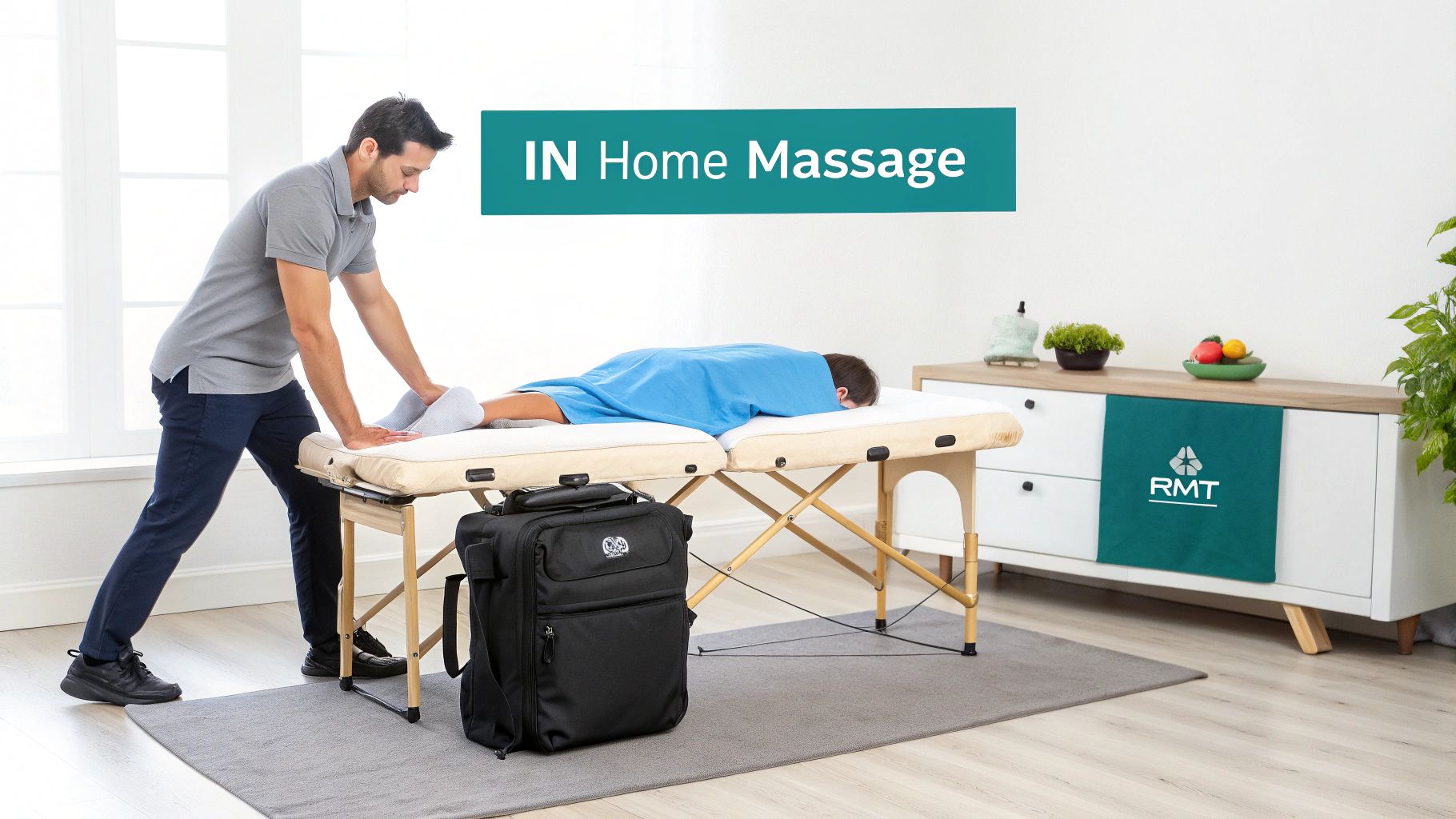 A professional male therapist delivers an in-home massage service to a client on a portable table.