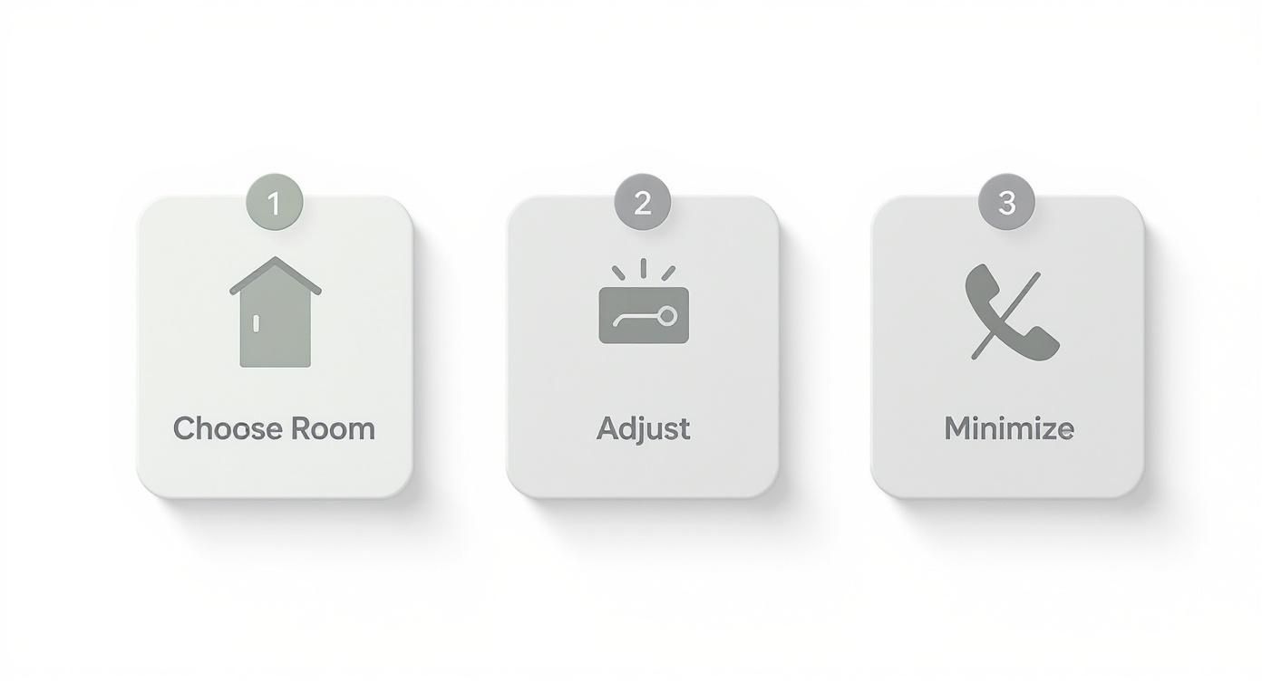 Infographic with icons for 1. Choose Room, 2. Adjust Settings (dim light, warm temp), 3. Minimize Distractions (phone on silent, pets secured) for a home massage