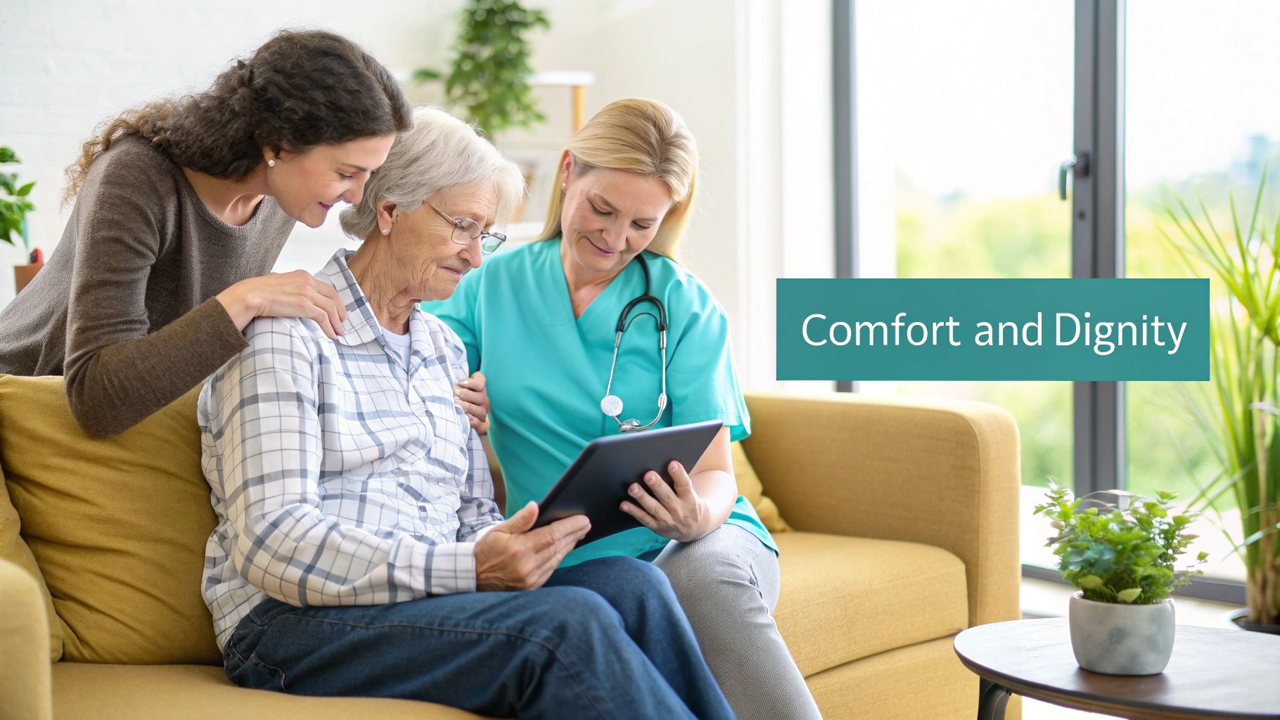 A caregiver, a family member, and an elderly woman viewing a tablet on a sofa, emphasizing comfort and dignity.