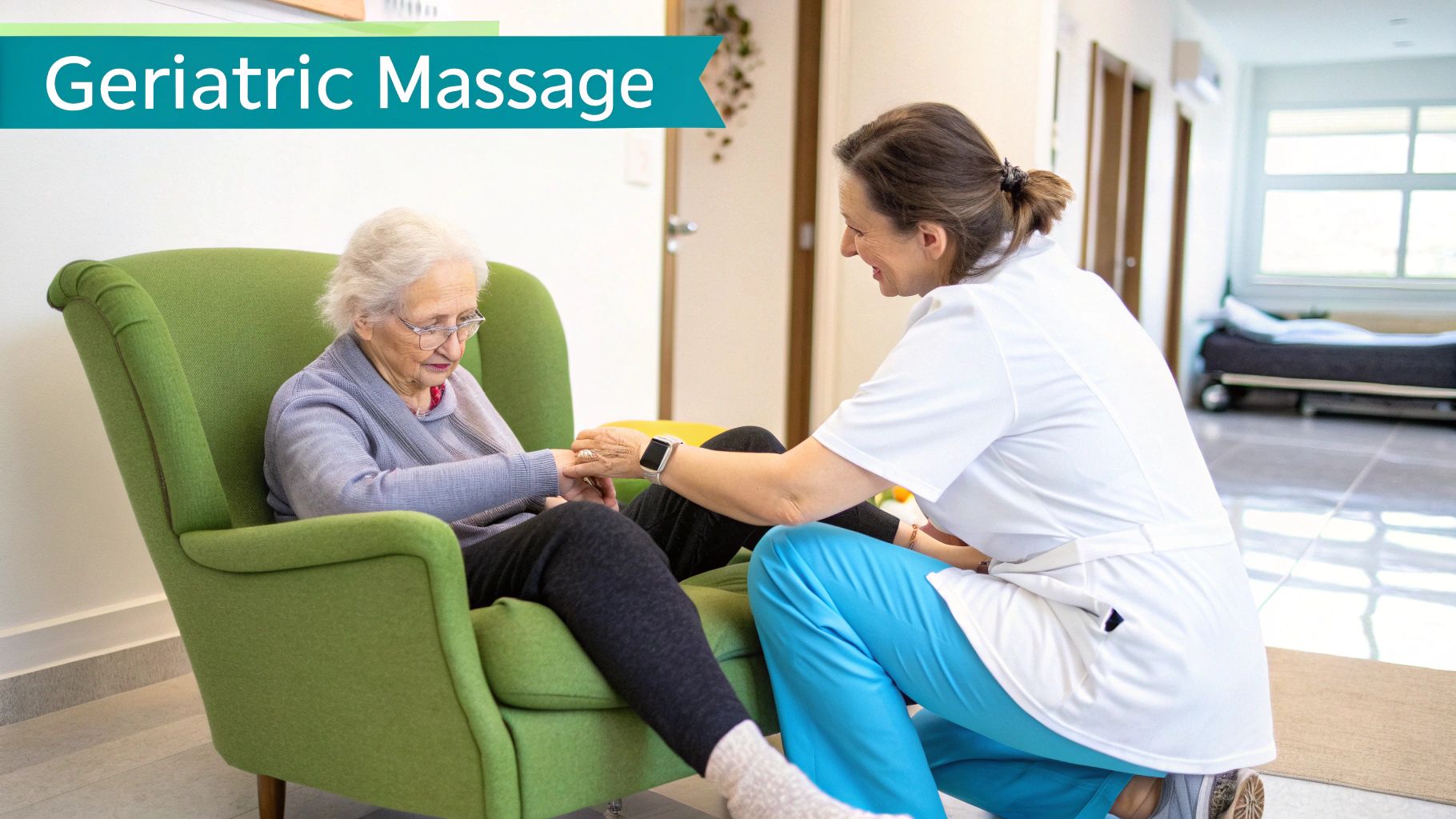 A caring male massage therapist in a professional polo shirt performs a gentle shoulder massage on a senior client in her home.