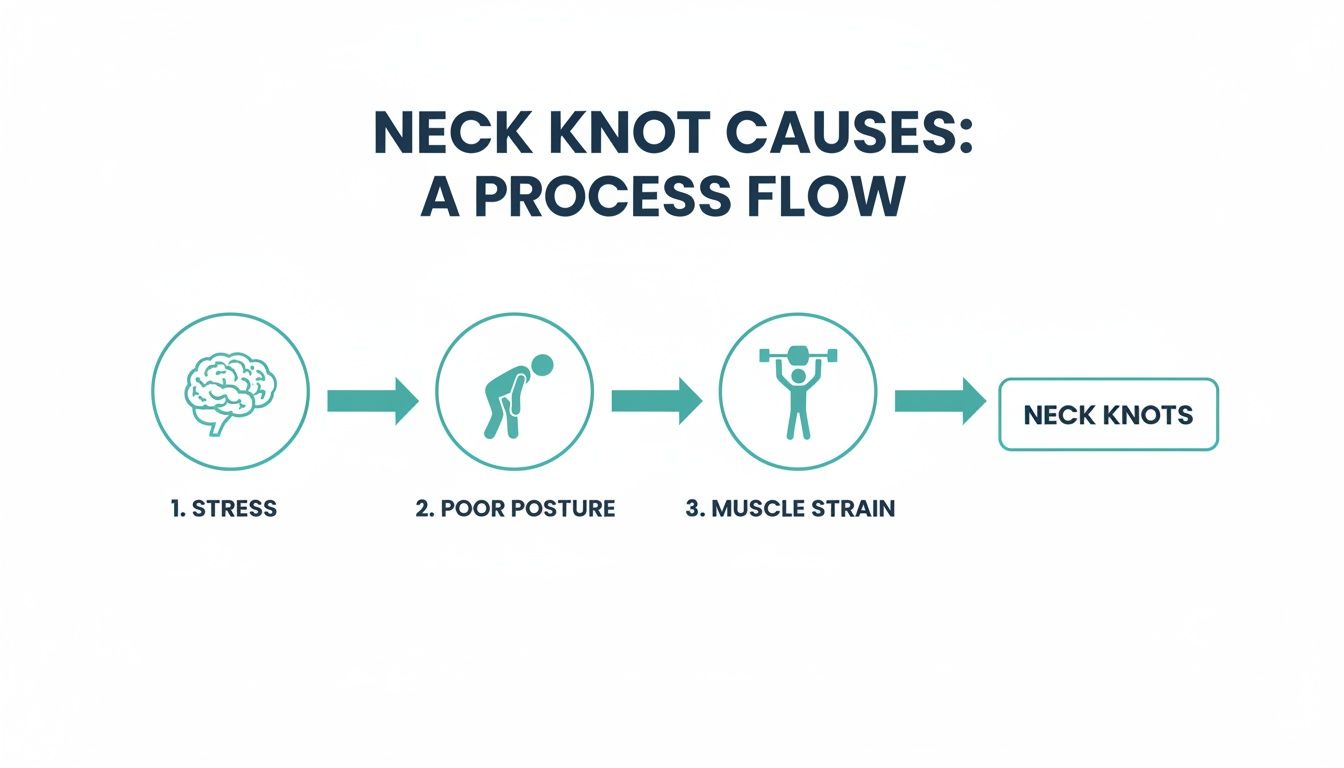 Flowchart illustrating the progression from stress, poor posture, and muscle strain to neck knots.