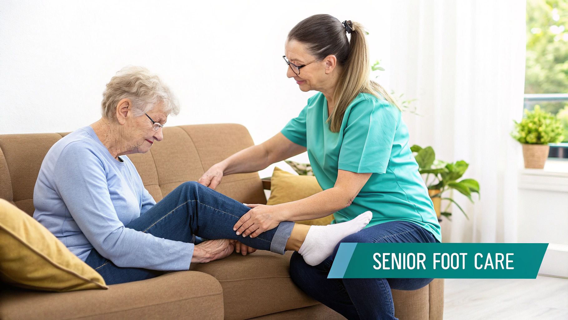 A senior woman on a couch receives professional foot care from a healthcare worker in a bright room.