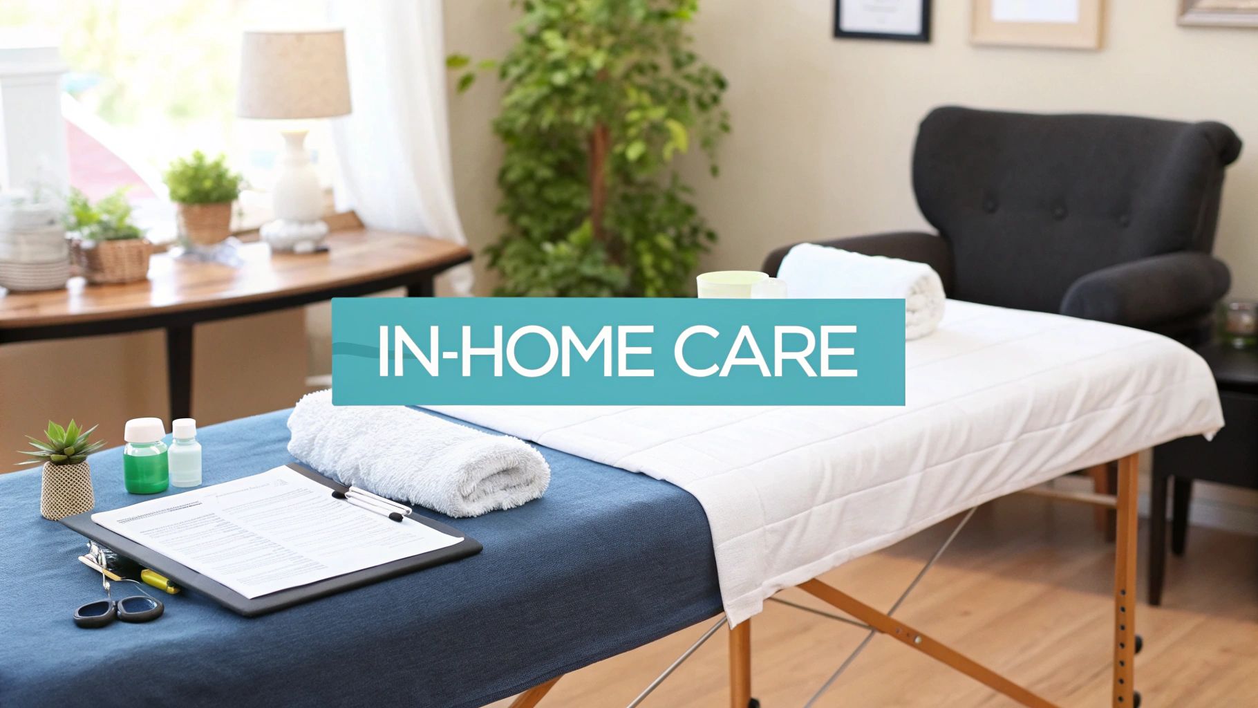 A professional massage table prepared for an in-home care service, complete with tools and textiles.