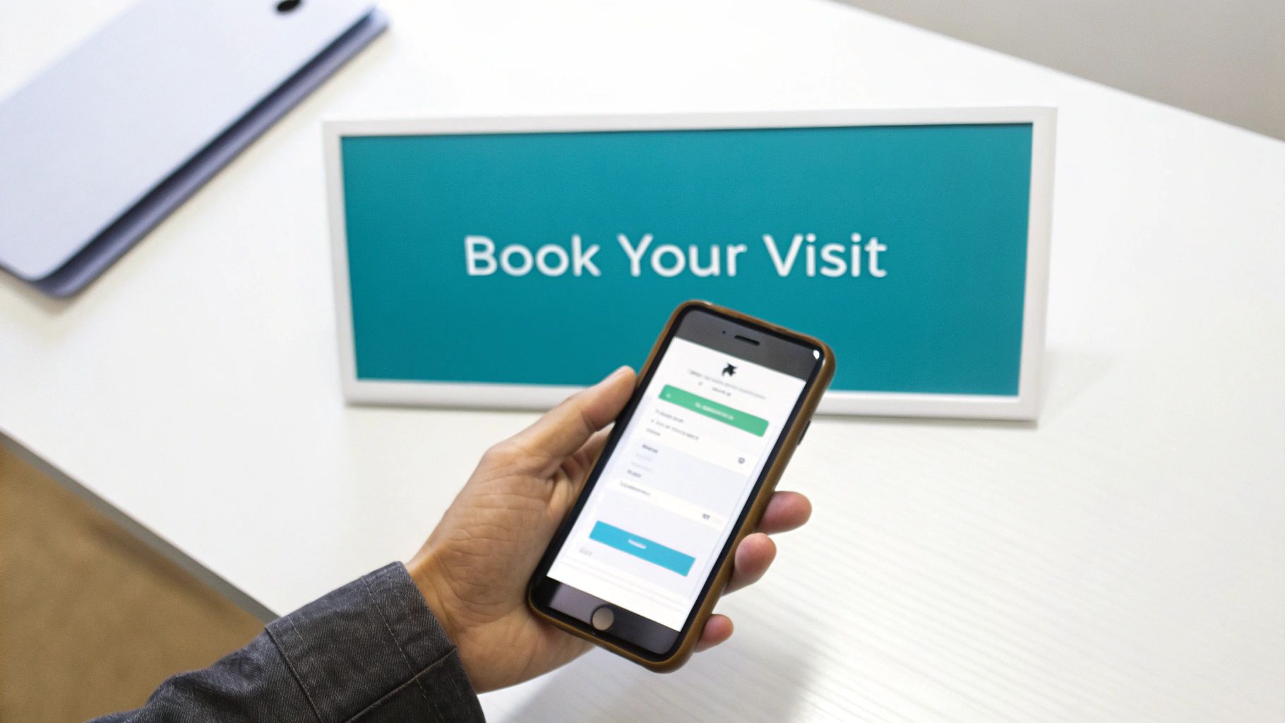 A person's hand holds a smartphone displaying a booking app in front of a 'Book Your Visit' sign.