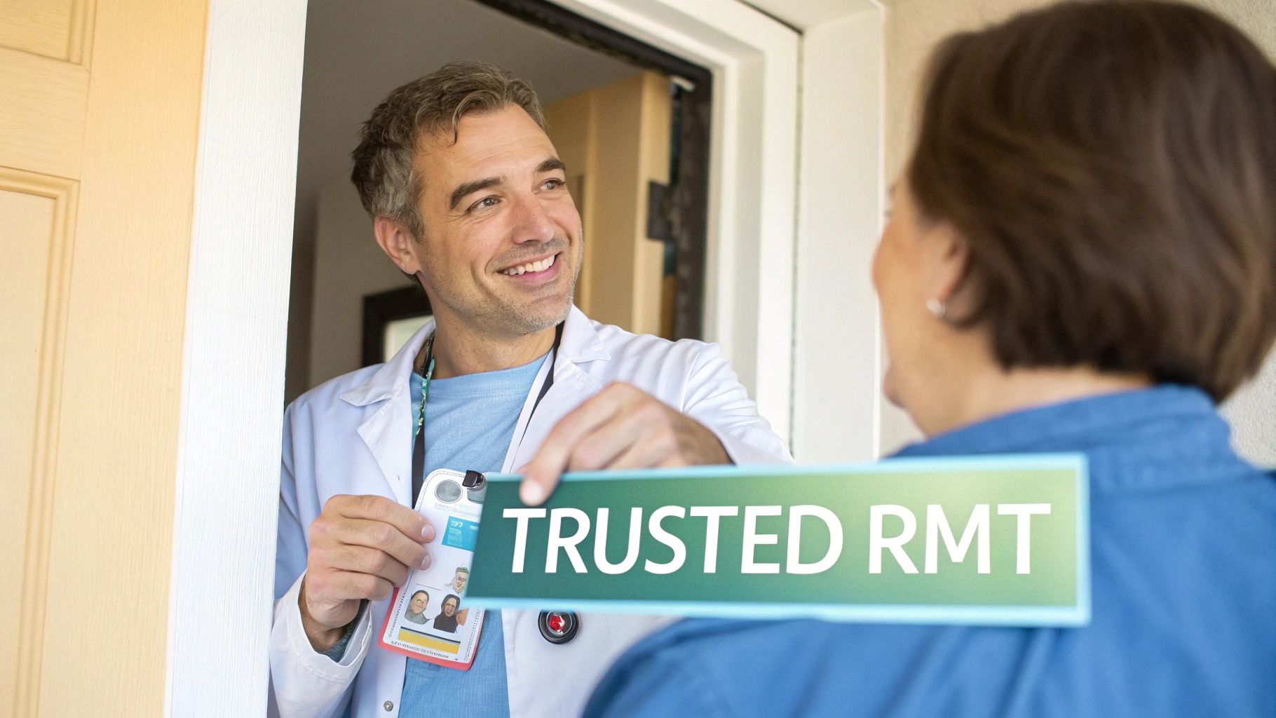 A smiling male massage therapist in a white coat shows a 'TRUSTED RMT' sign to a client at her home.