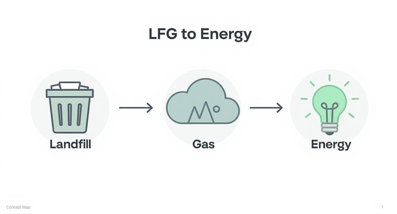 Infographic illustrating the process of converting landfill waste into gas and then to energy.