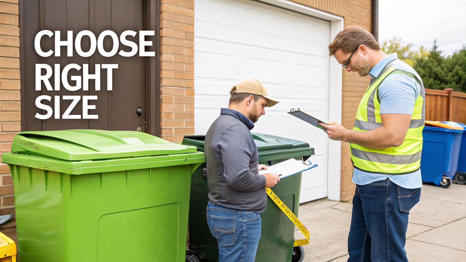 A homeowner standing next to a waste management dumpster, planning their project.