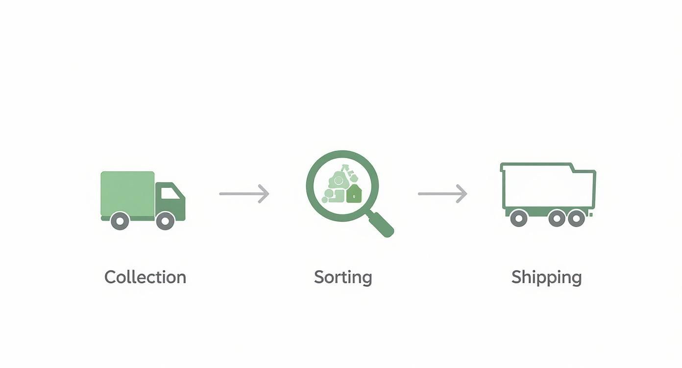 Diagram showing the recycling process: collection by truck, sorting waste with a magnifying glass, and shipping by another truck.