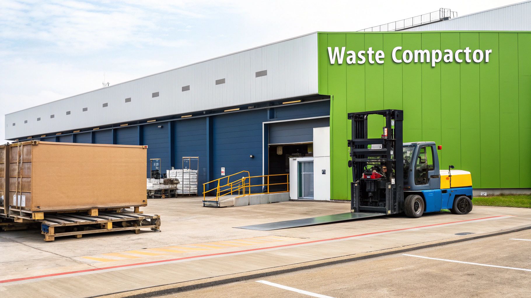 Two industrial waste machines, a compactor and a baler, side-by-side in a clean warehouse setting.