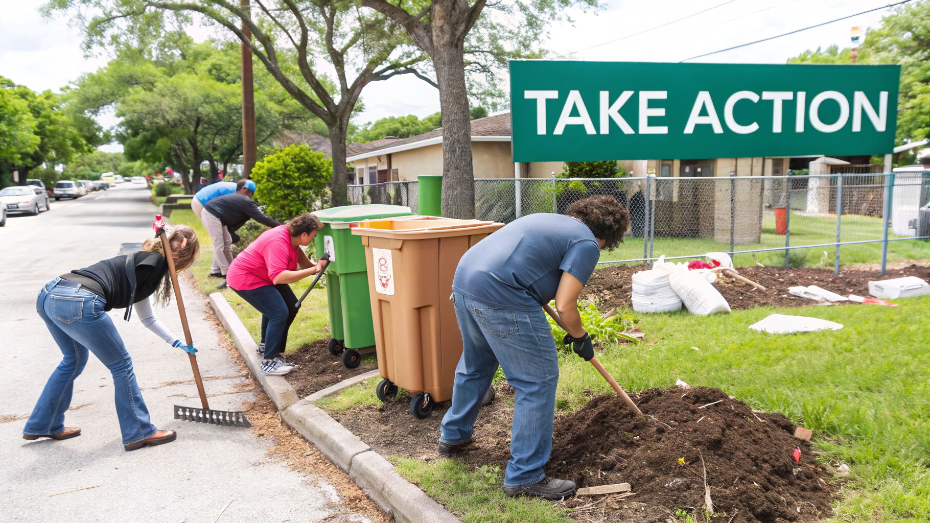 Community volunteers working together on neighborhood cleanup and waste management improvement project