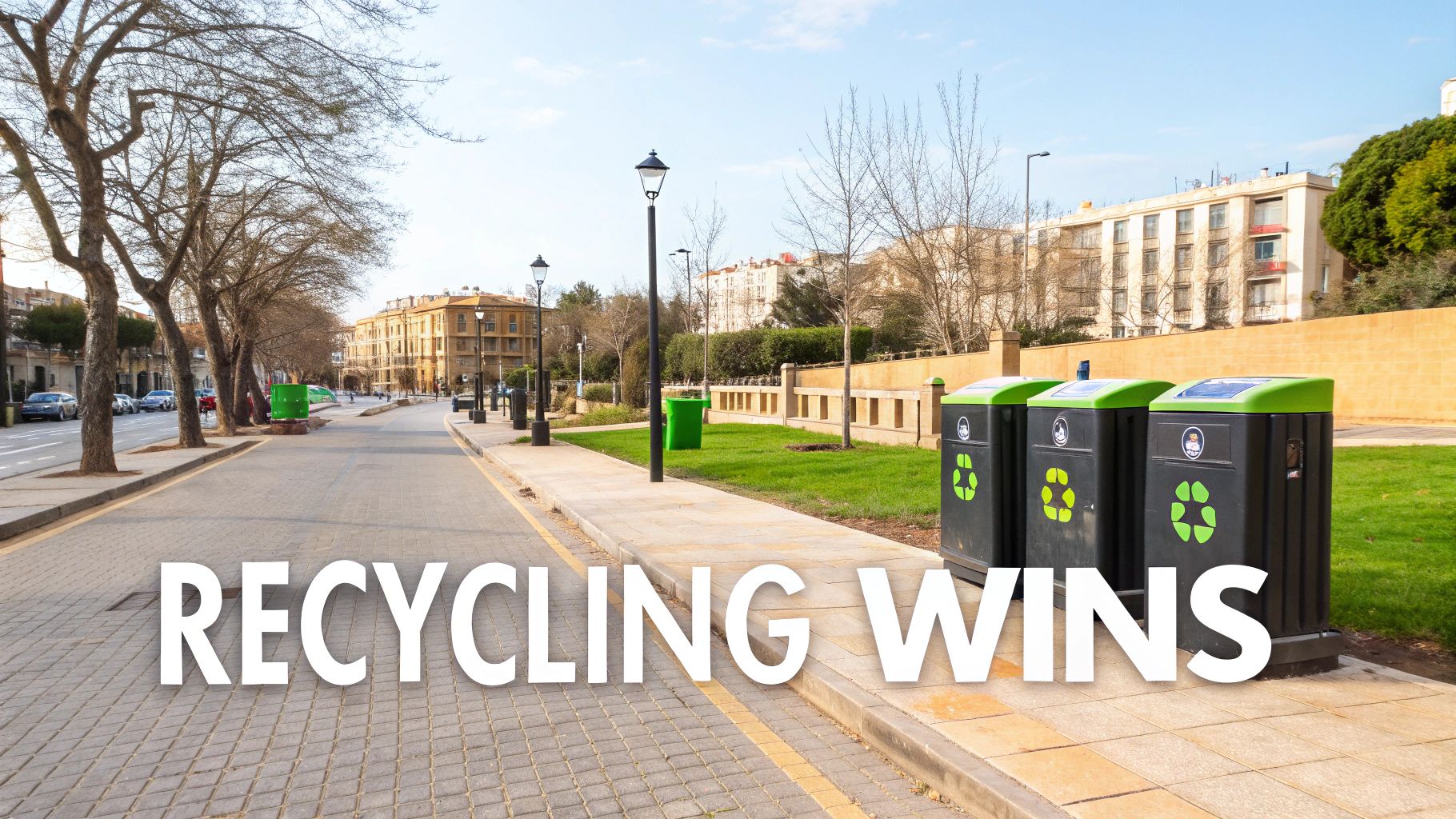 A city street scene with trees, buildings, and several green-lidded recycling bins on a grassy area. The text 'RECYCLING WINS' is overlaid.