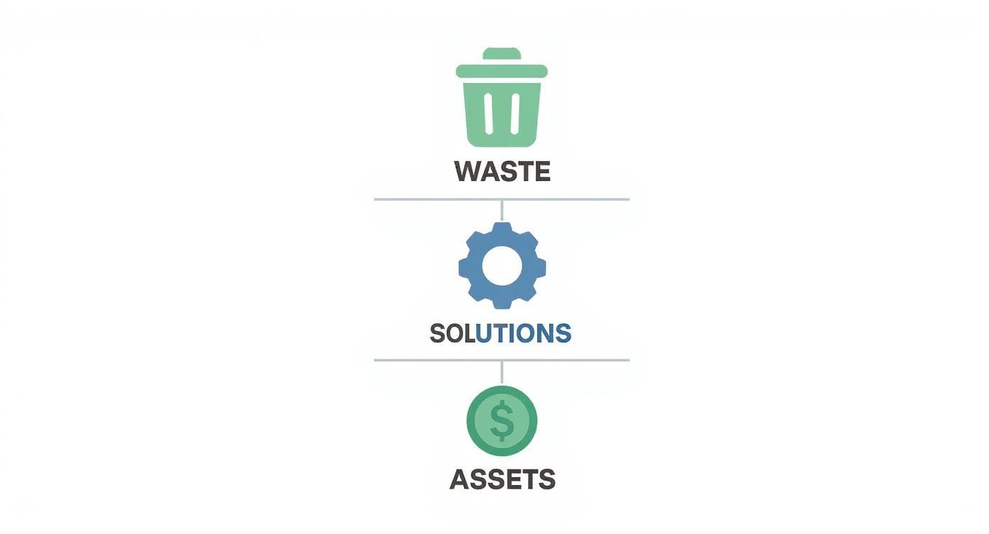 Diagram illustrating the transformation from waste to valuable assets through effective solutions, using icons for trash, a gear, and a dollar sign.