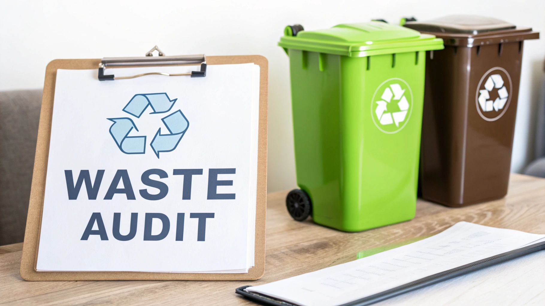 Waste audit clipboard with recycling symbol beside green and brown recycling bins on desk