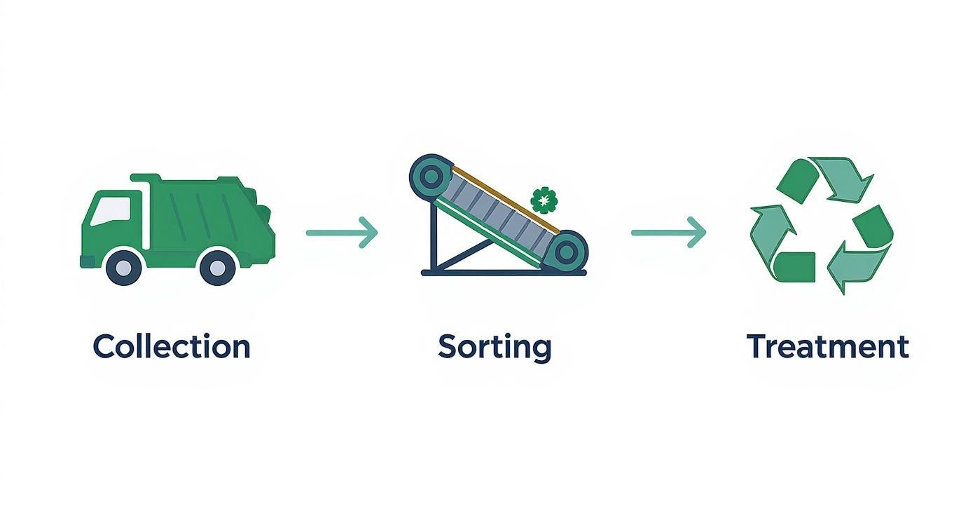 Illustration depicting the three steps of waste management: collection by truck, sorting on a conveyor, and treatment symbolized by recycling.
