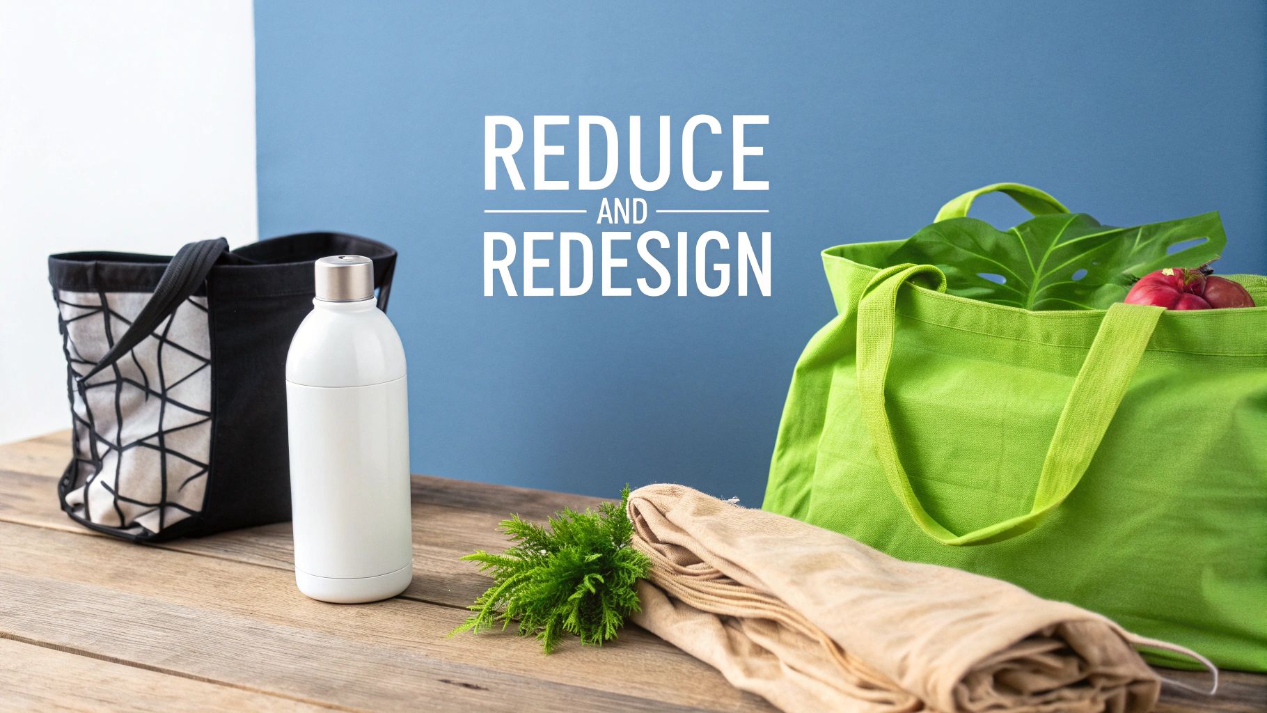 A collection of eco-friendly, reusable products like bamboo toothbrushes, glass jars, and cloth bags, suggesting a shift away from single-use plastics.