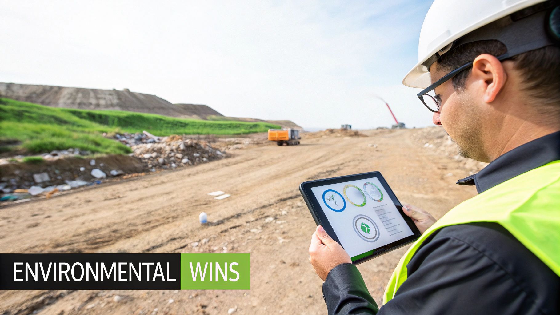 An environmental engineer wearing a hard hat reviews environmental data on a tablet at a construction site.